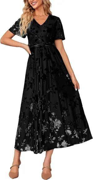 Simplee Women’s V Neck Velvet Maxi Dress Short Sleeve Empire Waist Long Formal Dress for Wedding Guest