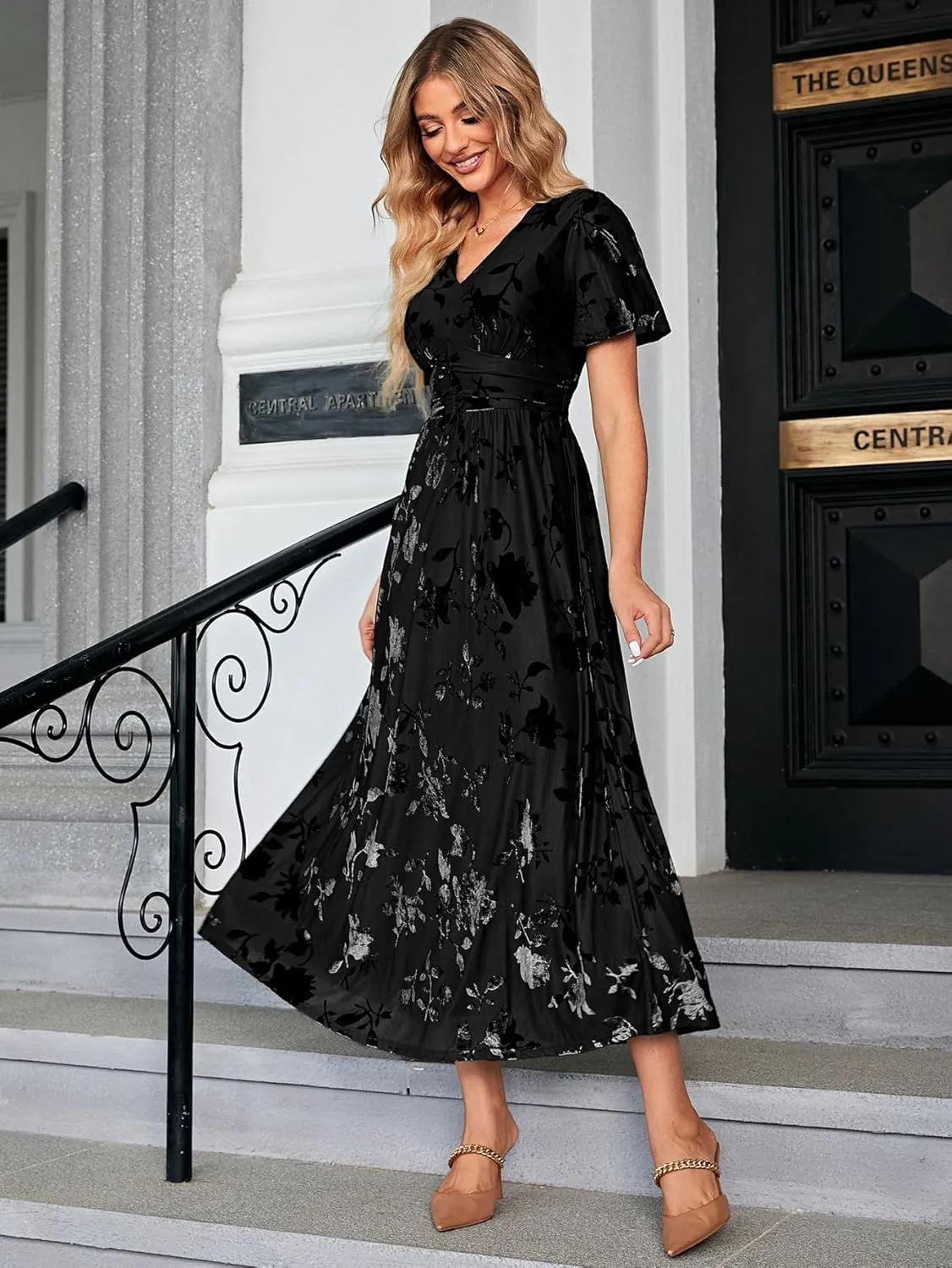 Simplee Women’s V Neck Velvet Maxi Dress Short Sleeve Empire Waist Long Formal Dress for Wedding Guest