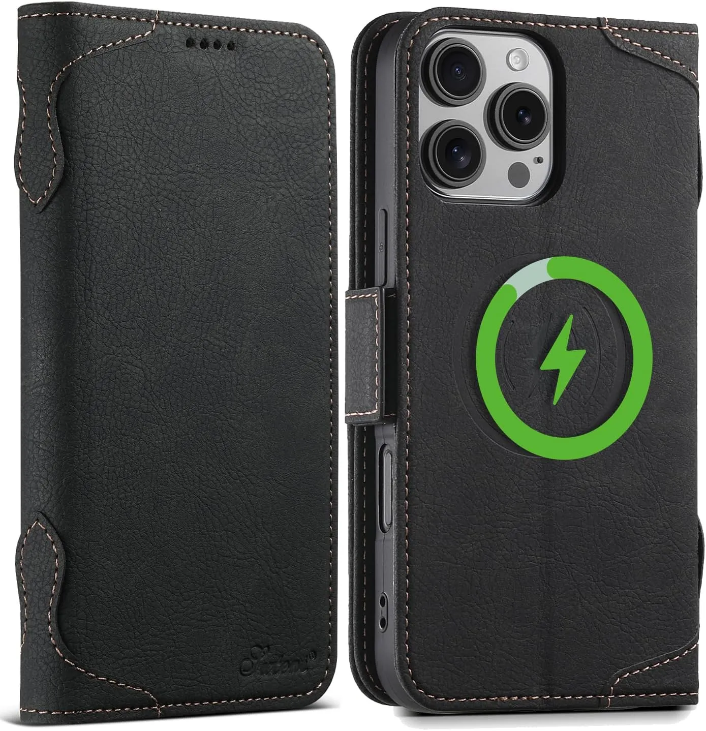 SINIANL iPhone 16 Pro Max Wallet Case - MagSafe Compatible, Leather Folio Cover with Card Slots and Kickstand - Black