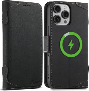 SINIANL iPhone 16 Pro Max Wallet Case - MagSafe Compatible, Leather Folio Cover with Card Slots and Kickstand - Black