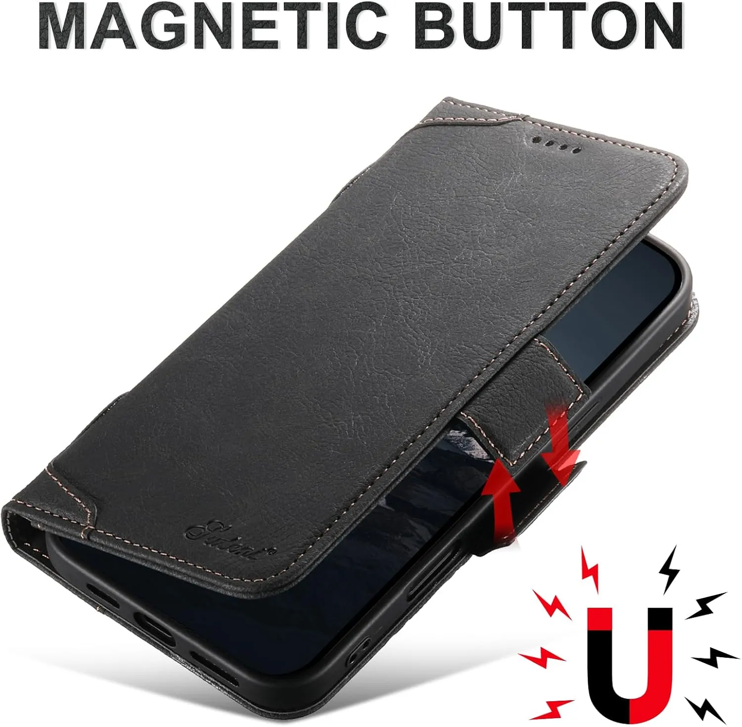SINIANL iPhone 16 Pro Max Wallet Case - MagSafe Compatible, Leather Folio Cover with Card Slots and Kickstand - Black