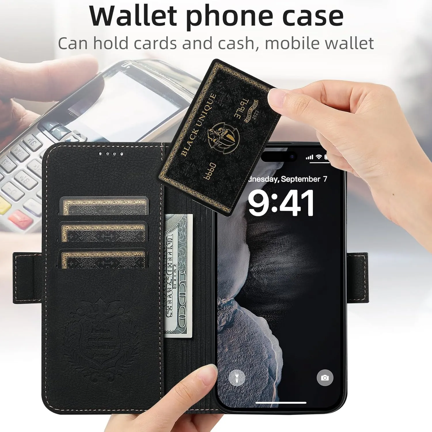 SINIANL iPhone 16 Pro Max Wallet Case - MagSafe Compatible, Leather Folio Cover with Card Slots and Kickstand - Black