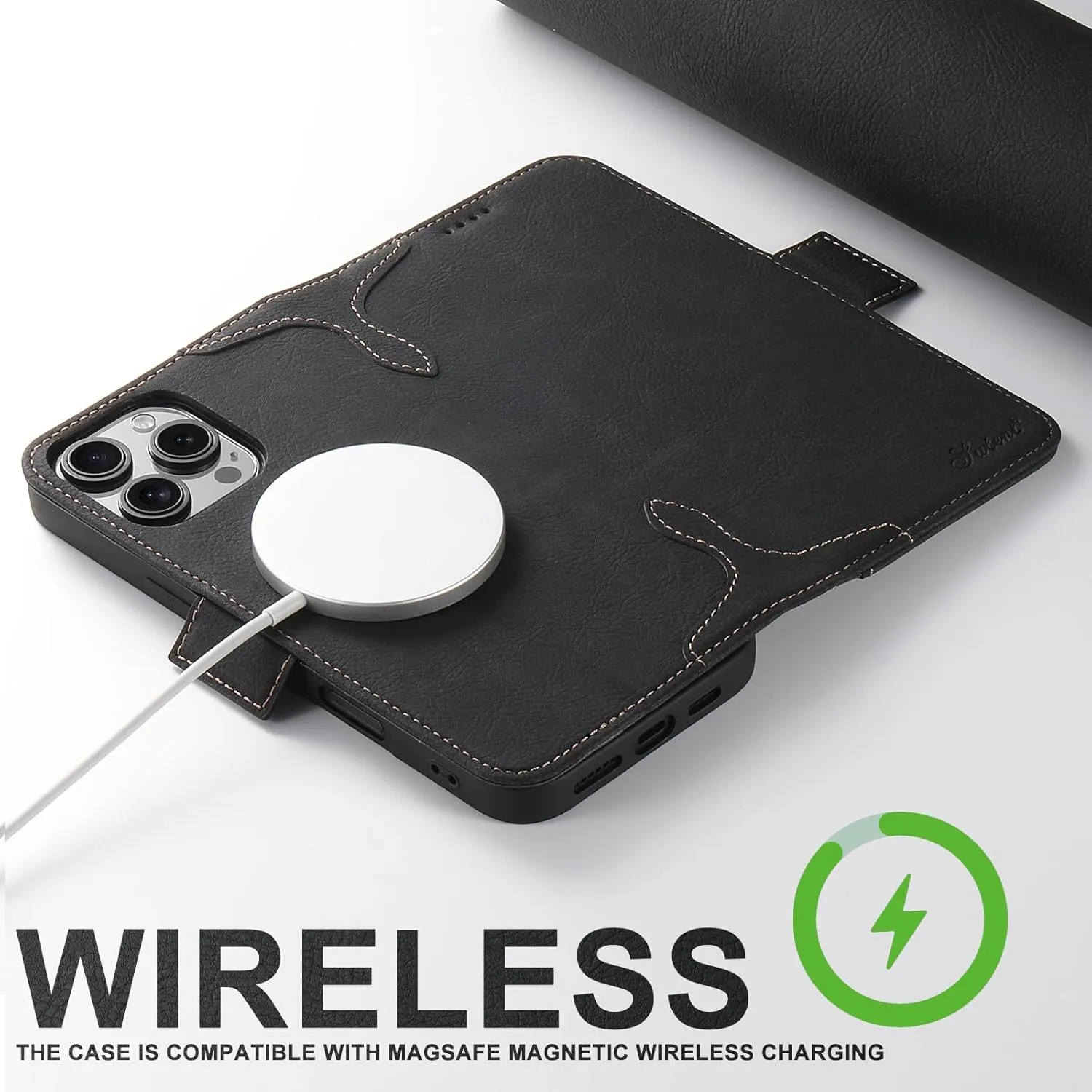 SINIANL iPhone 16 Pro Max Wallet Case - MagSafe Compatible, Leather Folio Cover with Card Slots and Kickstand - Black