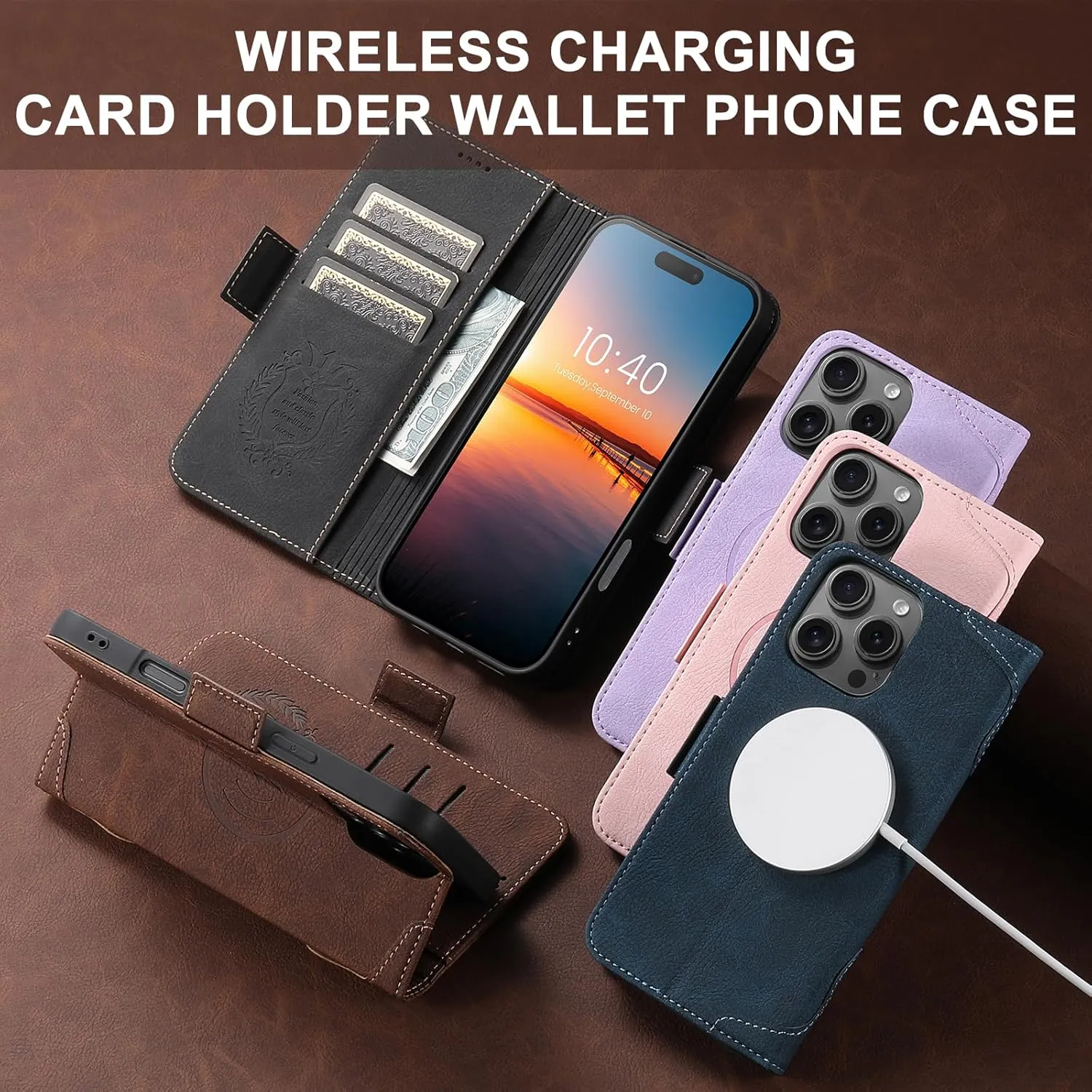 SINIANL iPhone 16 Pro Max Wallet Case - MagSafe Compatible, Leather Folio Cover with Card Slots and Kickstand - Black