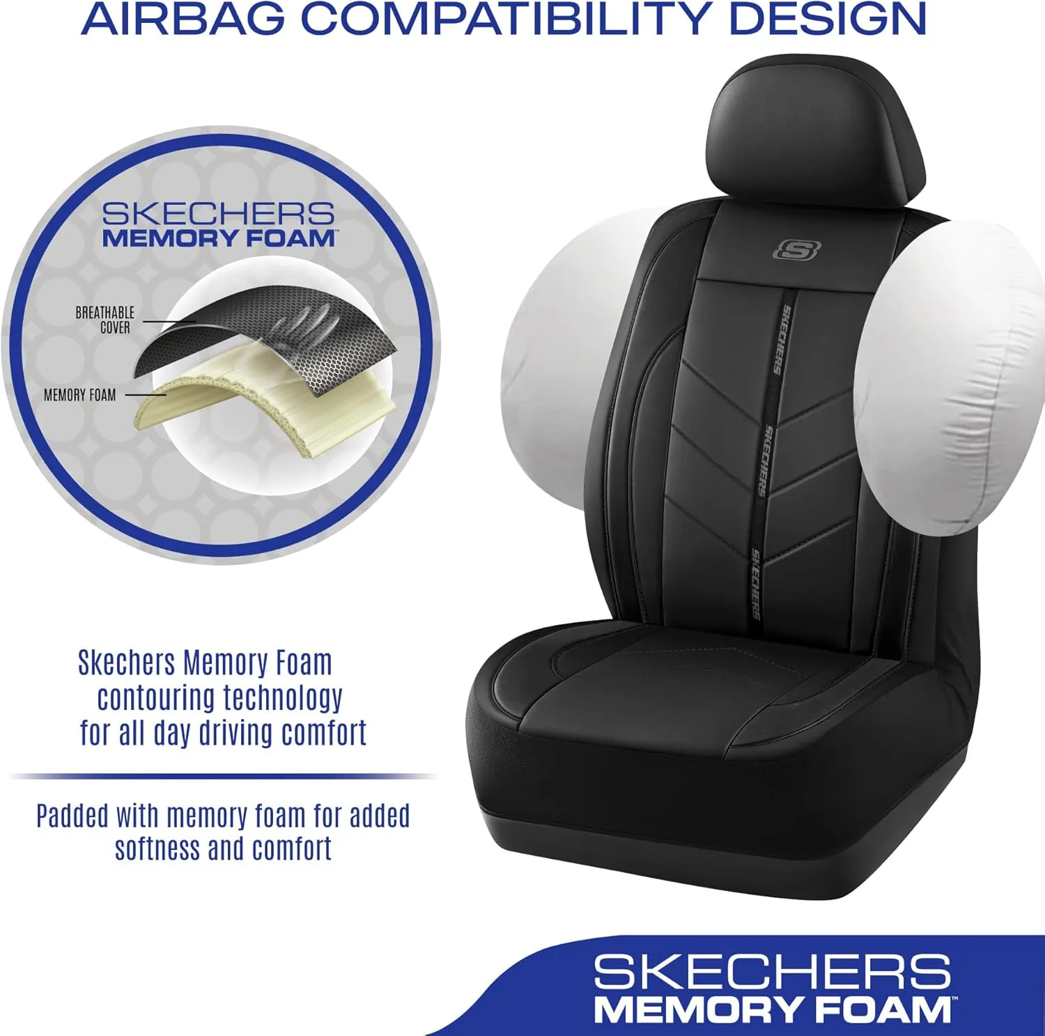 Skechers Car Seat Covers,Luxury Faux Leather Seat Covers,Waterproof Anti Slip Car Seat ProtectorFull Set,Car Accessories Airbag Universal Fit for Most Cars,Vans,Trucks,SUV,Black