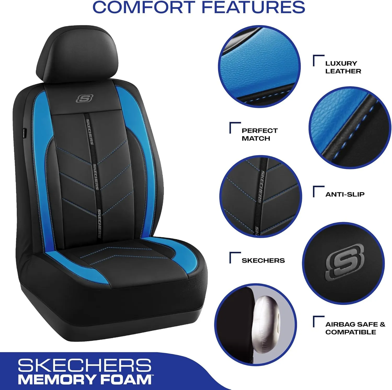 Skechers Car Seat Covers,Luxury Faux Leather Seat Covers,Waterproof Anti Slip Car Seat ProtectorFull Set,Car Accessories Airbag Universal Fit for Most Cars,Vans,Trucks,SUV,Blue