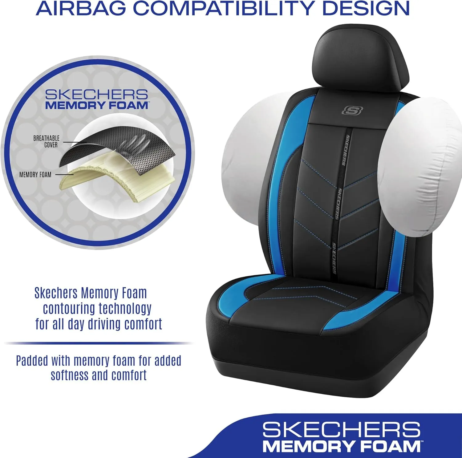 Skechers Car Seat Covers,Luxury Faux Leather Seat Covers,Waterproof Anti Slip Car Seat ProtectorFull Set,Car Accessories Airbag Universal Fit for Most Cars,Vans,Trucks,SUV,Blue