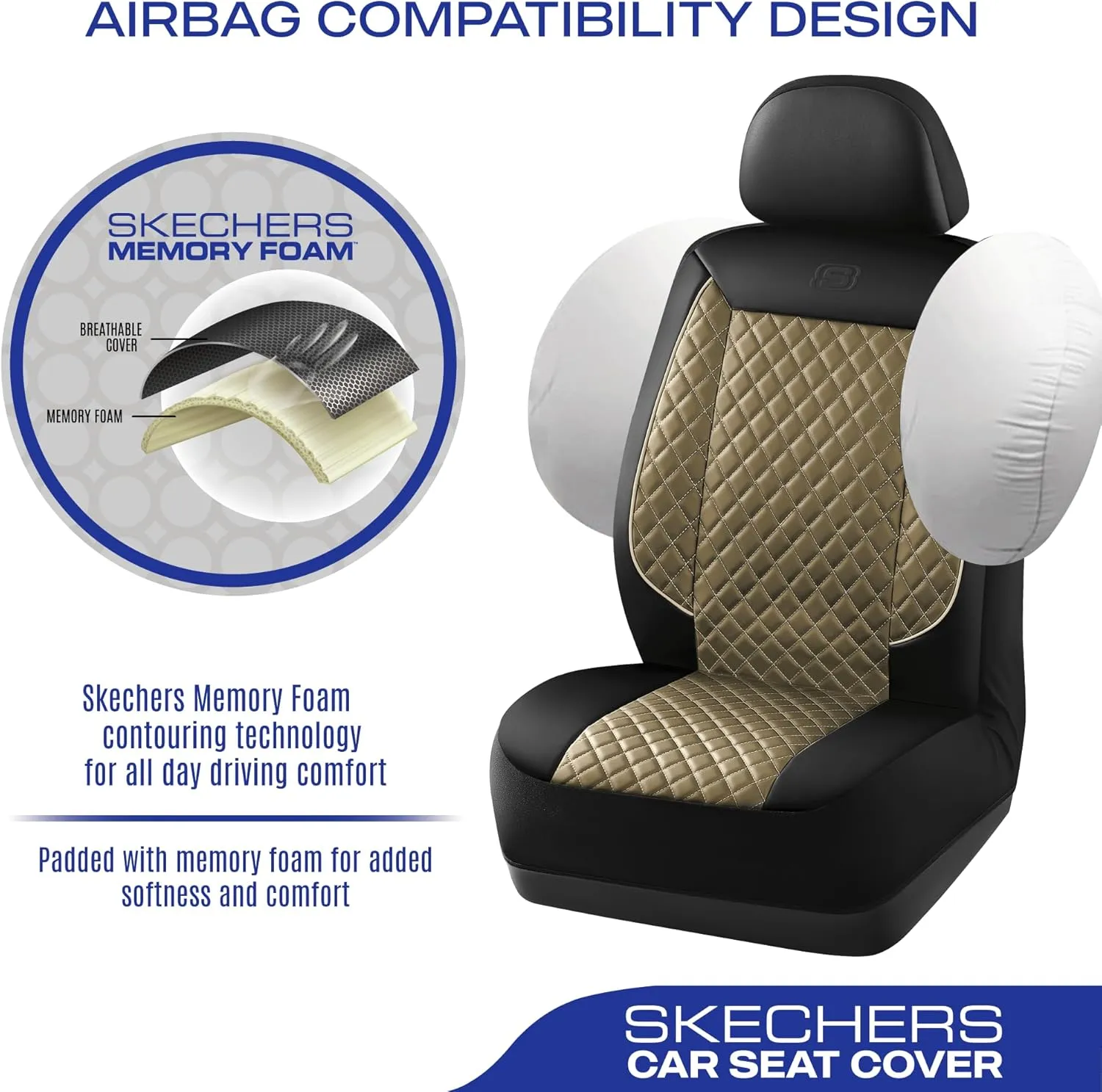 Skechers Car Seat Covers,Piping Luxury Faux Seat Covers,Waterproof Anti Slip Car Seat Protector Full Set,Car Accessories Airbag Universal Fit for Most Cars,Vans,Trucks,SUV,Beige
