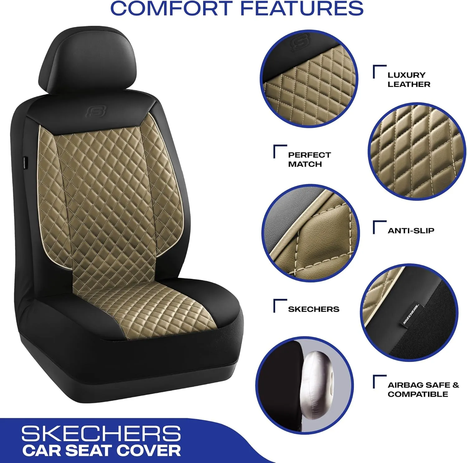 Skechers Car Seat Covers,Piping Luxury Faux Seat Covers,Waterproof Anti Slip Car Seat Protector Full Set,Car Accessories Airbag Universal Fit for Most Cars,Vans,Trucks,SUV,Beige