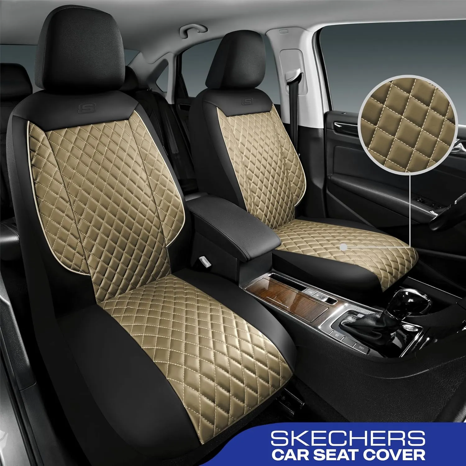 Skechers Car Seat Covers,Piping Luxury Faux Seat Covers,Waterproof Anti Slip Car Seat Protector Full Set,Car Accessories Airbag Universal Fit for Most Cars,Vans,Trucks,SUV,Beige