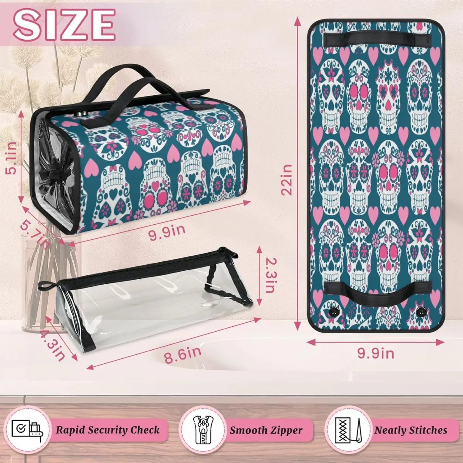 Skull Shape Toiletry Bag Water Proof Travel Makeup Case Large Capacity 4 in 1 Foldable Cosmetics Storage for Women Men Removable Zipper Clear PVC Pockets