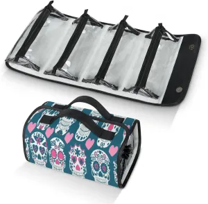 Skull Shape Toiletry Bag Water Proof Travel Makeup Case Large Capacity 4 in 1 Foldable Cosmetics Storage for Women Men Removable Zipper Clear PVC Pockets