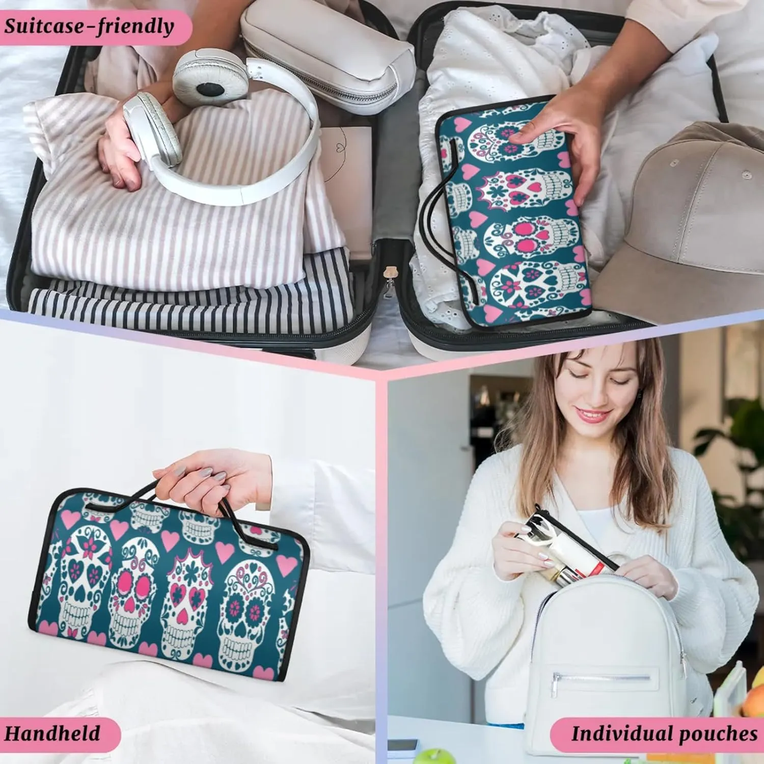 Skull Shape Toiletry Bag Water Proof Travel Makeup Case Large Capacity 4 in 1 Foldable Cosmetics Storage for Women Men Removable Zipper Clear PVC Pockets