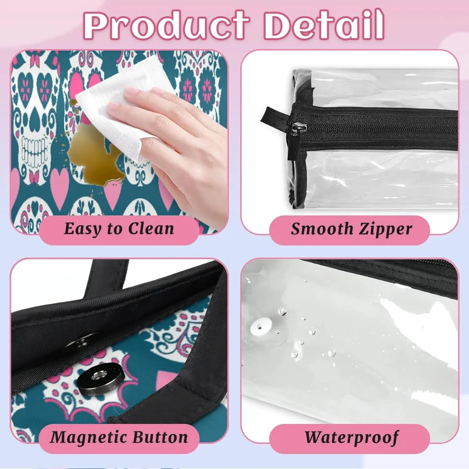 Skull Shape Toiletry Bag Water Proof Travel Makeup Case Large Capacity 4 in 1 Foldable Cosmetics Storage for Women Men Removable Zipper Clear PVC Pockets
