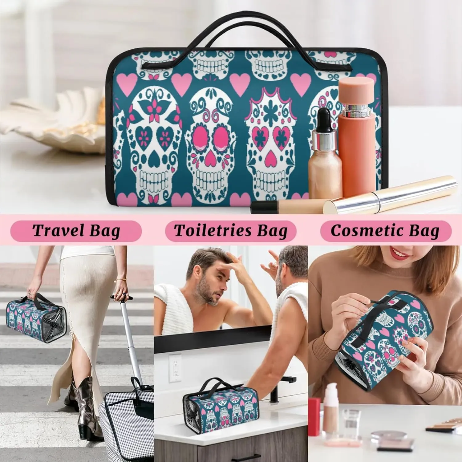 Skull Shape Toiletry Bag Water Proof Travel Makeup Case Large Capacity 4 in 1 Foldable Cosmetics Storage for Women Men Removable Zipper Clear PVC Pockets