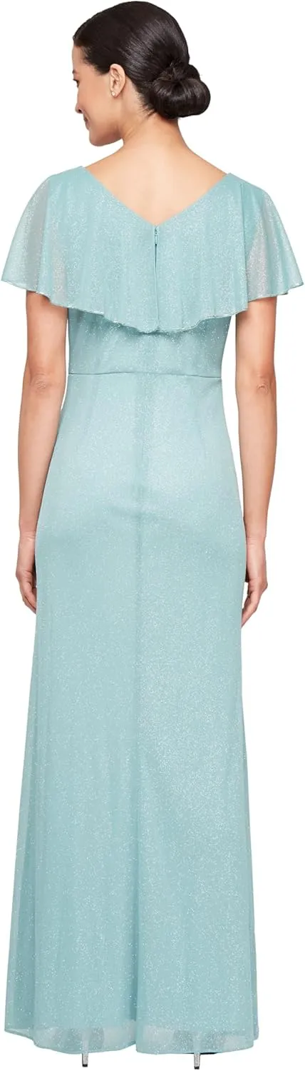 S.L. Fashions Women's Glitter Mesh Stretch Dress W/Shoulder Embellishment Formal Long Gown, (Petite and Regular Sizes)