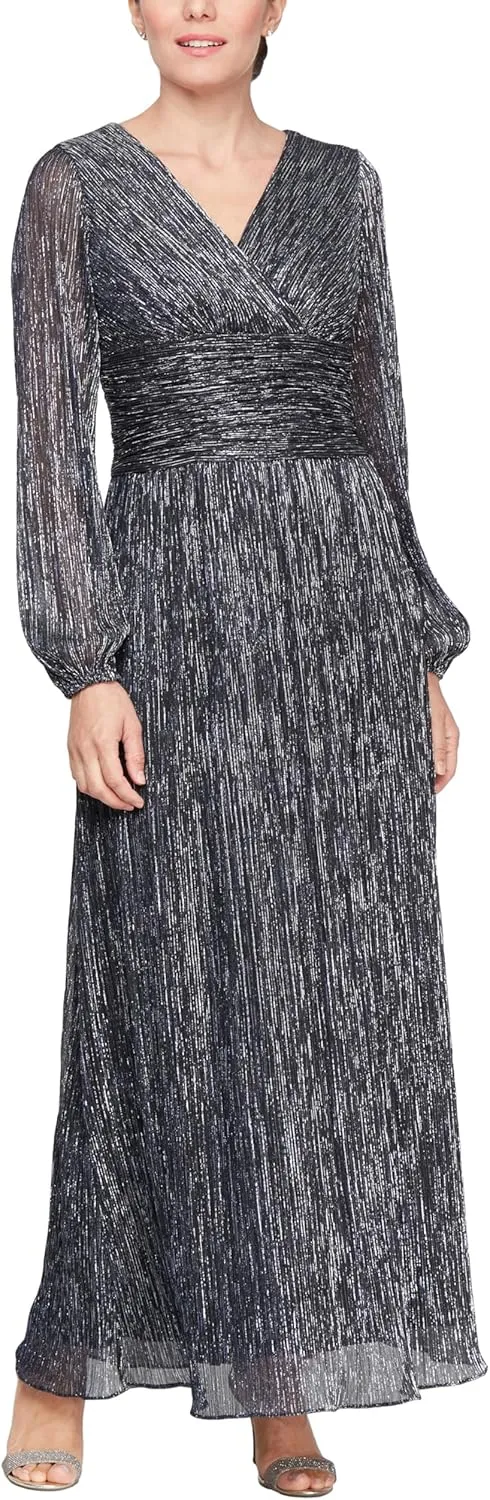 S.L. Fashions Women's Long A-line Mother of The Bride Dress with Ruched Waist (Petite and Regular Sizes)