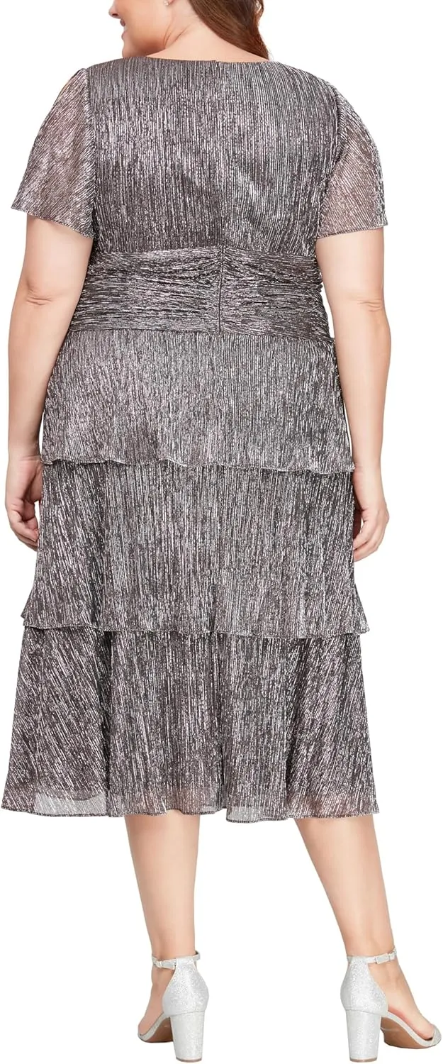 S.L. Fashions Women's Short Sleeve Tea Length V-Neck Mother of The Bride Dress with Ruched Waist, Wedding Guest (Plus Size)