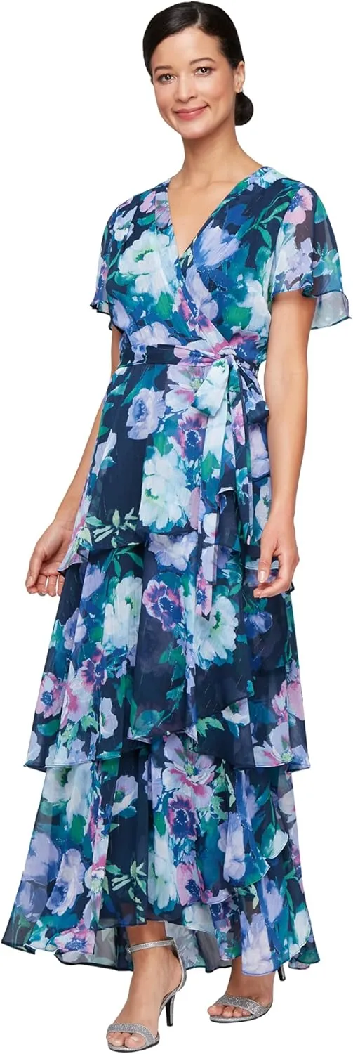 S.L. Fashions Women's Short Sleeve Tiered Skirt Long Maxi Dress with Surplice Neckline, Wedding (Petite and Regular Sizes)