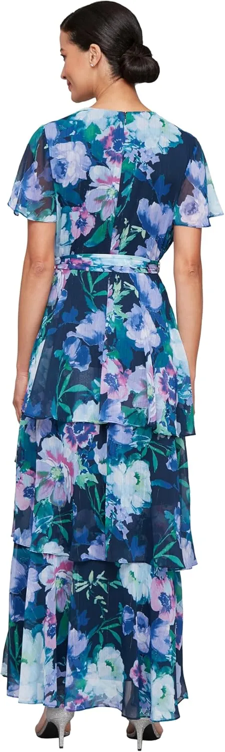 S.L. Fashions Women's Short Sleeve Tiered Skirt Long Maxi Dress with Surplice Neckline, Wedding (Petite and Regular Sizes)