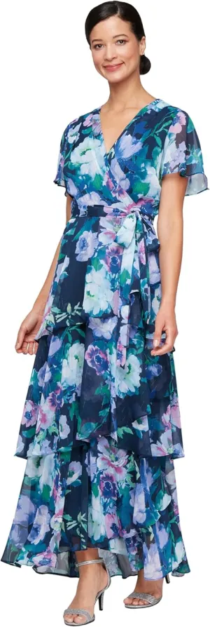 S.L. Fashions Women's Short Sleeve Tiered Skirt Long Maxi Dress with Surplice Neckline, Wedding (Petite and Regular Sizes)