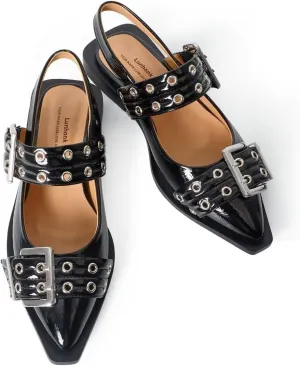 Slingback Flats for Women, Close Toe Pointed Toe Flats with Studded Buckle Strap Block Heel Comfortable Dress Shoes for Women