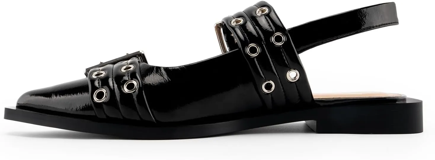 Slingback Flats for Women, Close Toe Pointed Toe Flats with Studded Buckle Strap Block Heel Comfortable Dress Shoes for Women