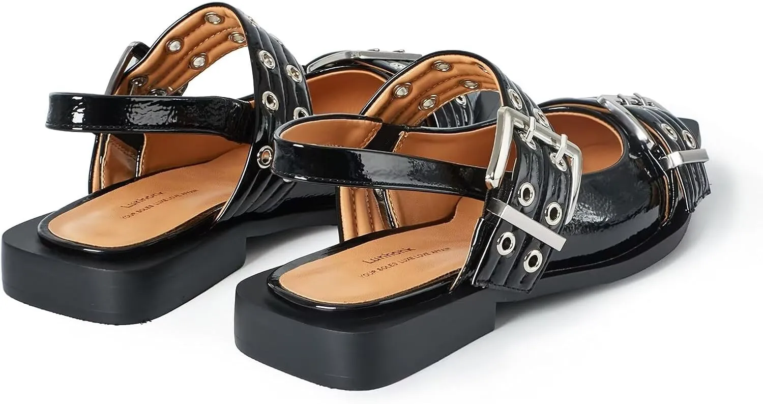 Slingback Flats for Women, Close Toe Pointed Toe Flats with Studded Buckle Strap Block Heel Comfortable Dress Shoes for Women