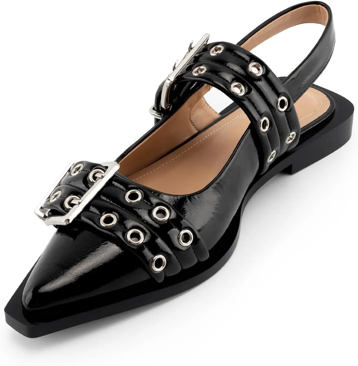 Slingback Flats for Women, Close Toe Pointed Toe Flats with Studded Buckle Strap Block Heel Comfortable Dress Shoes for Women
