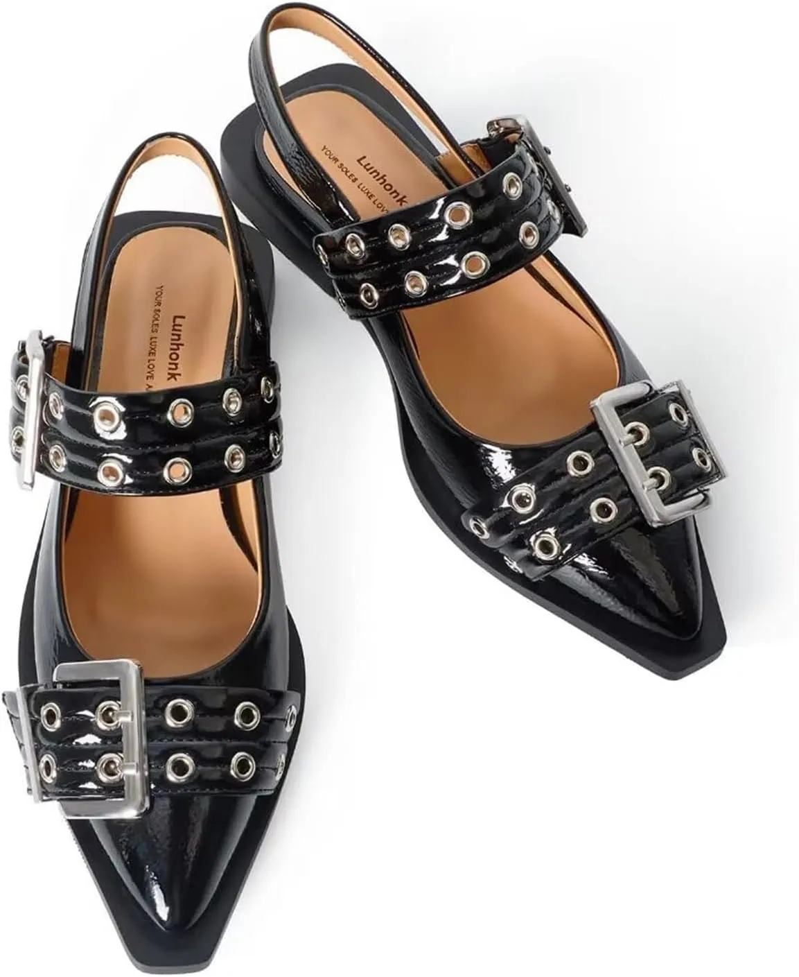 Slingback Flats for Women, Close Toe Pointed Toe Flats with Studded Buckle Strap Block Heel Comfortable Dress Shoes for Women