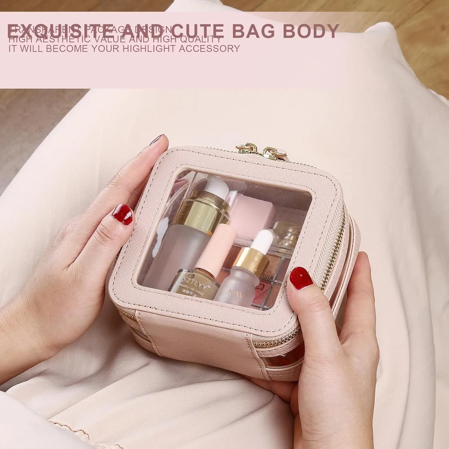 Small Makeup Bag Clear Mini Cosmetic Makeup Case & Toiletry Bag with Zipper Women's Purse Organizer & Car Essentials (Pink, MINI-2)