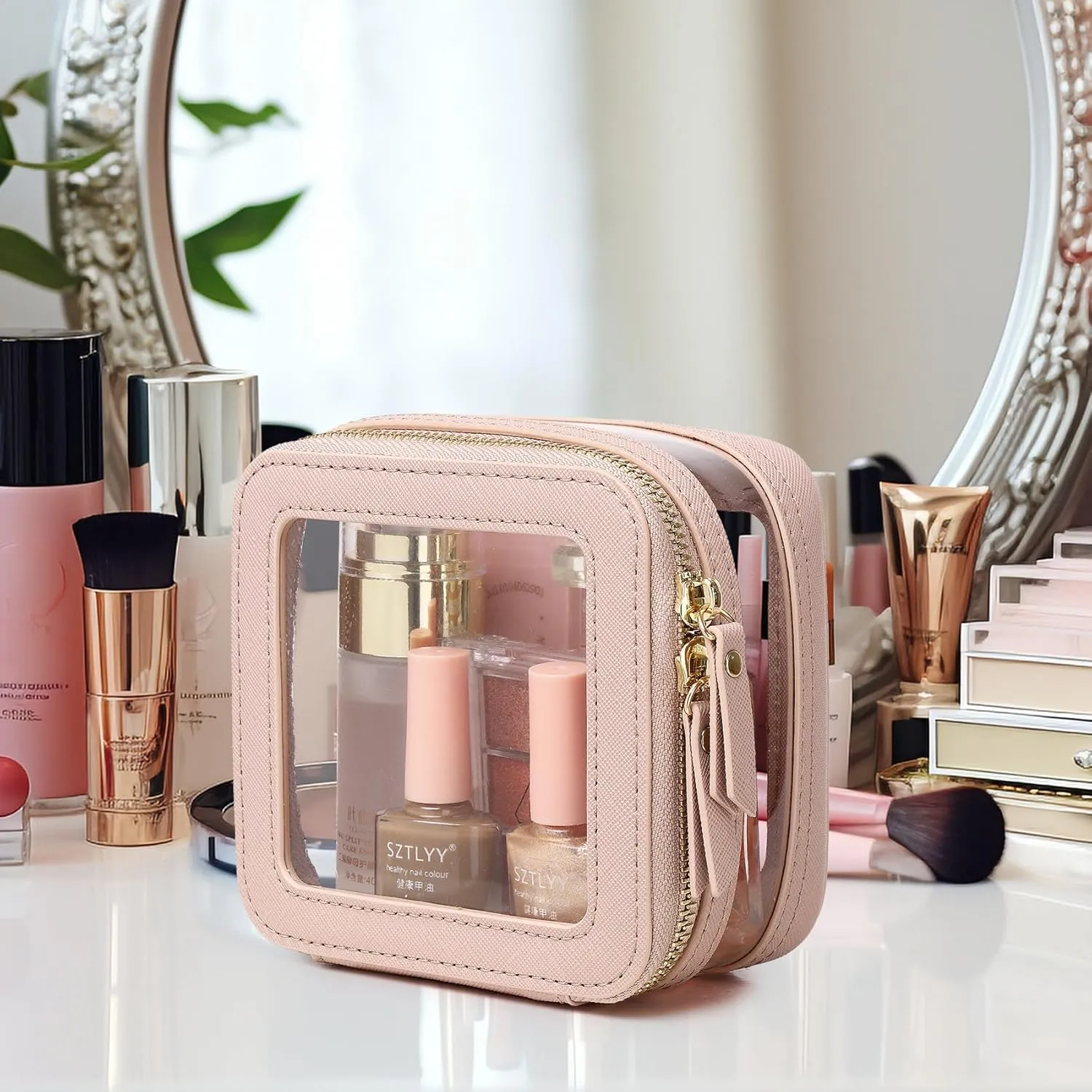Small Makeup Bag Clear Mini Cosmetic Makeup Case & Toiletry Bag with Zipper Women's Purse Organizer & Car Essentials (Pink, MINI-2)