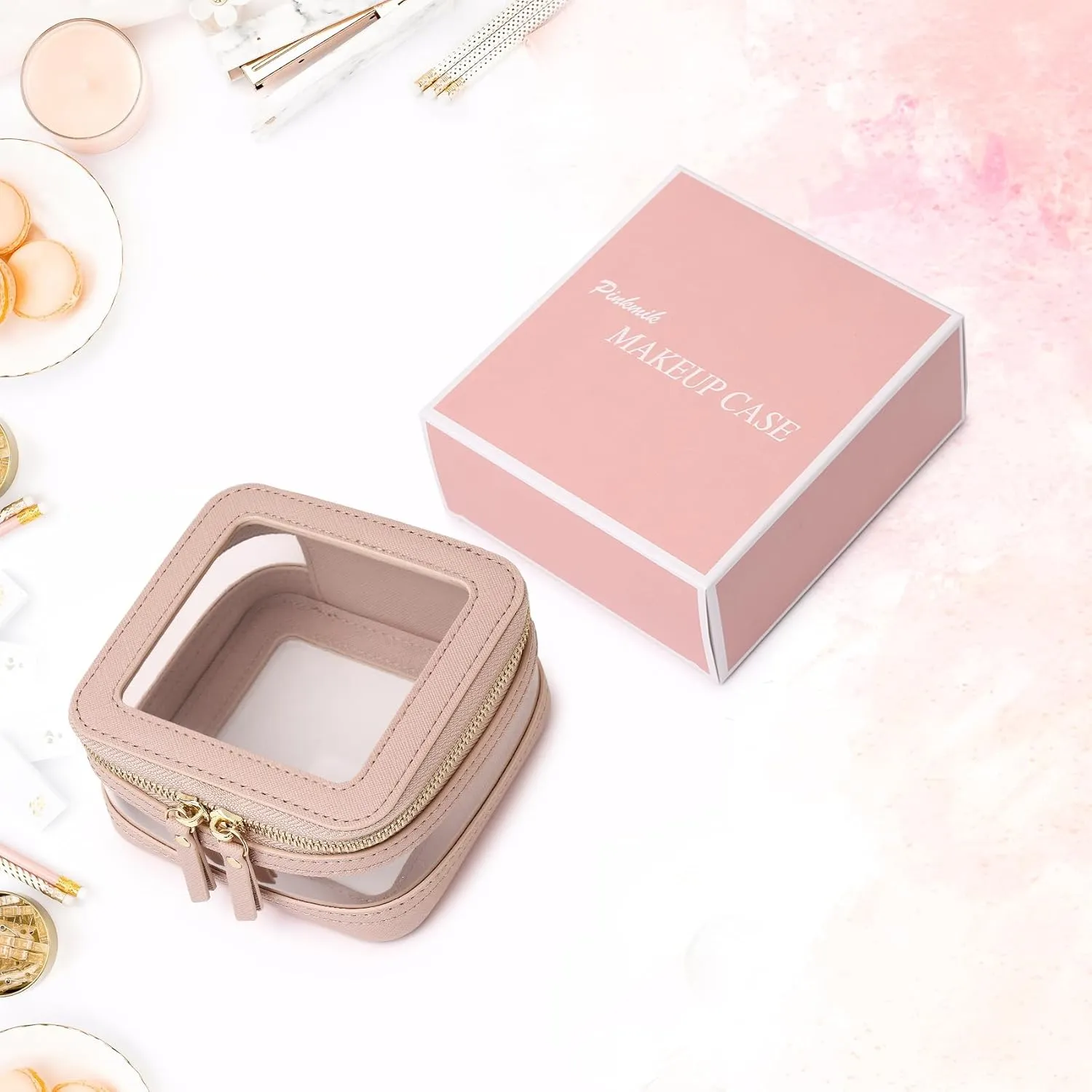 Small Makeup Bag Clear Mini Cosmetic Makeup Case & Toiletry Bag with Zipper Women's Purse Organizer & Car Essentials (Pink, MINI-2)