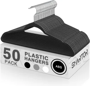 SMARTOR Plastic Hangers 50 Pack, Heavy Duty Plastic Hangers for Clothes - Non-Velvet Slim Hangers with 360° Swivel Hook & Clothes Thin Hangers - Durable Coat Hangers, Space Saving Hangers - Black