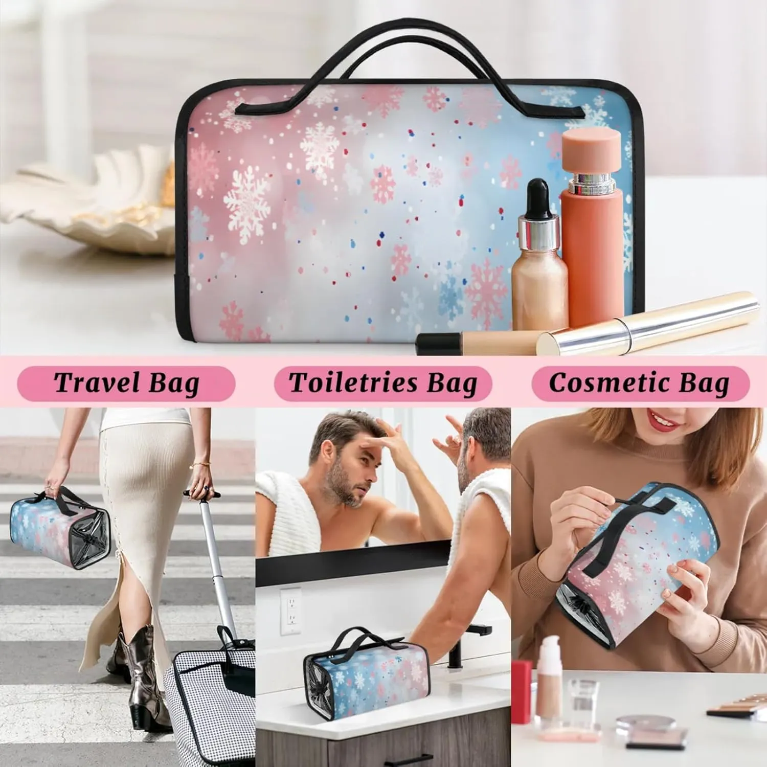 Snowflake Dots Toiletry Bag Water Proof Travel Makeup Case Large Capacity 4 in 1 Foldable Cosmetics Storage for Women Men Removable Zipper Clear PVC Pockets
