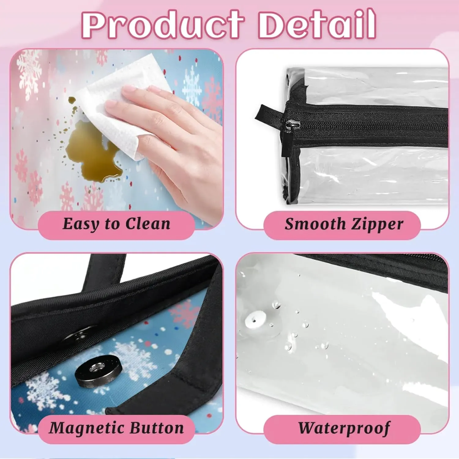 Snowflake Dots Toiletry Bag Water Proof Travel Makeup Case Large Capacity 4 in 1 Foldable Cosmetics Storage for Women Men Removable Zipper Clear PVC Pockets