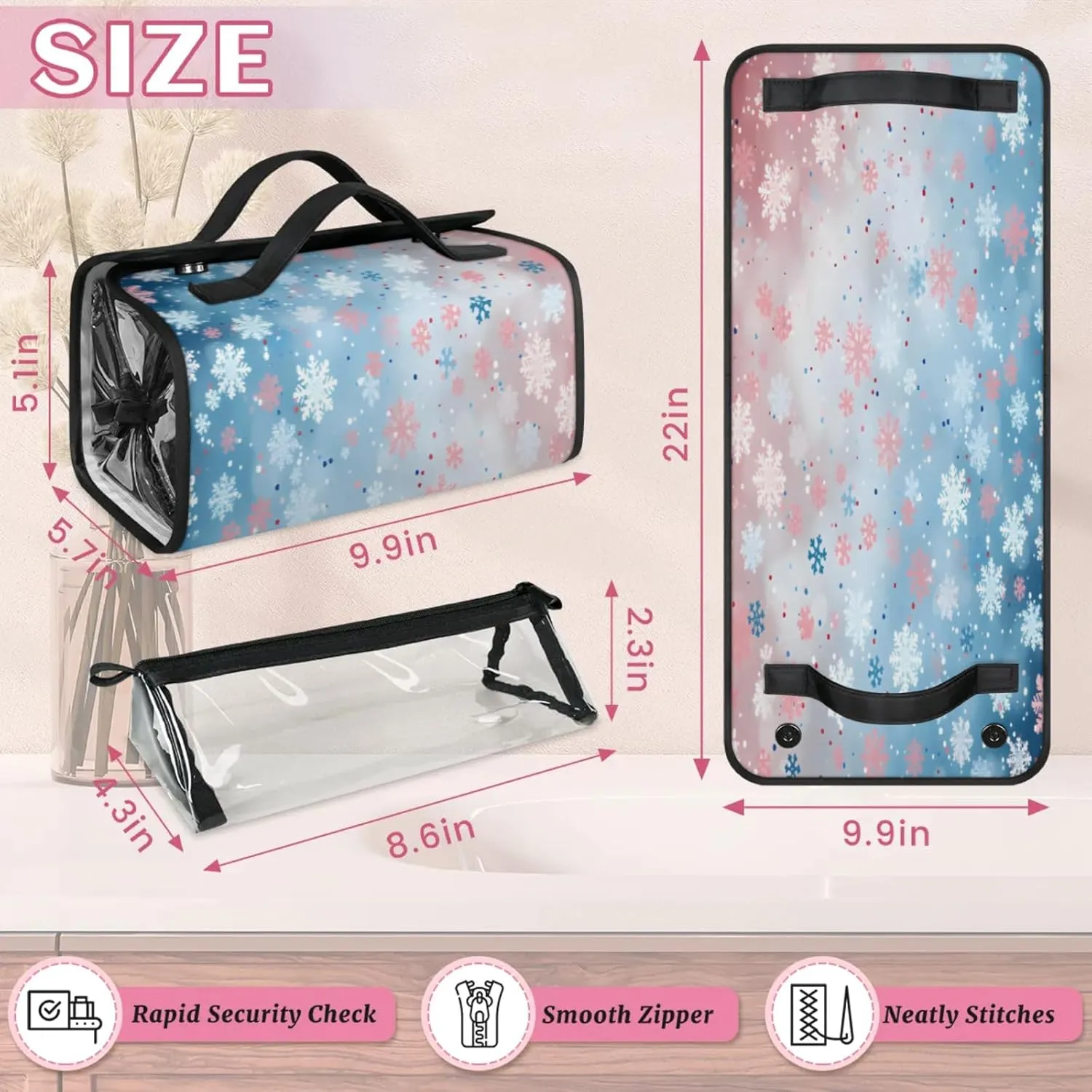 Snowflake Dots Toiletry Bag Water Proof Travel Makeup Case Large Capacity 4 in 1 Foldable Cosmetics Storage for Women Men Removable Zipper Clear PVC Pockets