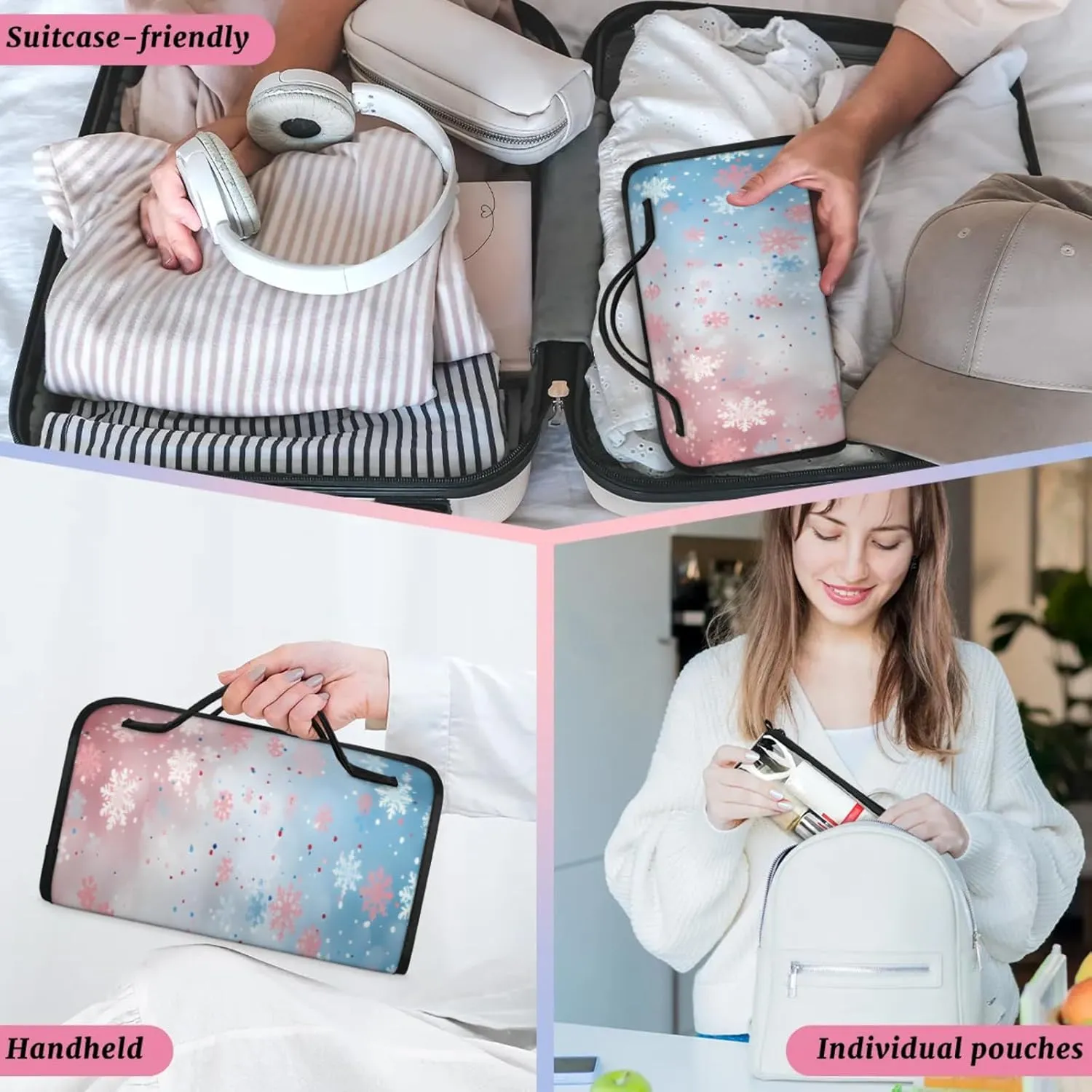 Snowflake Dots Toiletry Bag Water Proof Travel Makeup Case Large Capacity 4 in 1 Foldable Cosmetics Storage for Women Men Removable Zipper Clear PVC Pockets