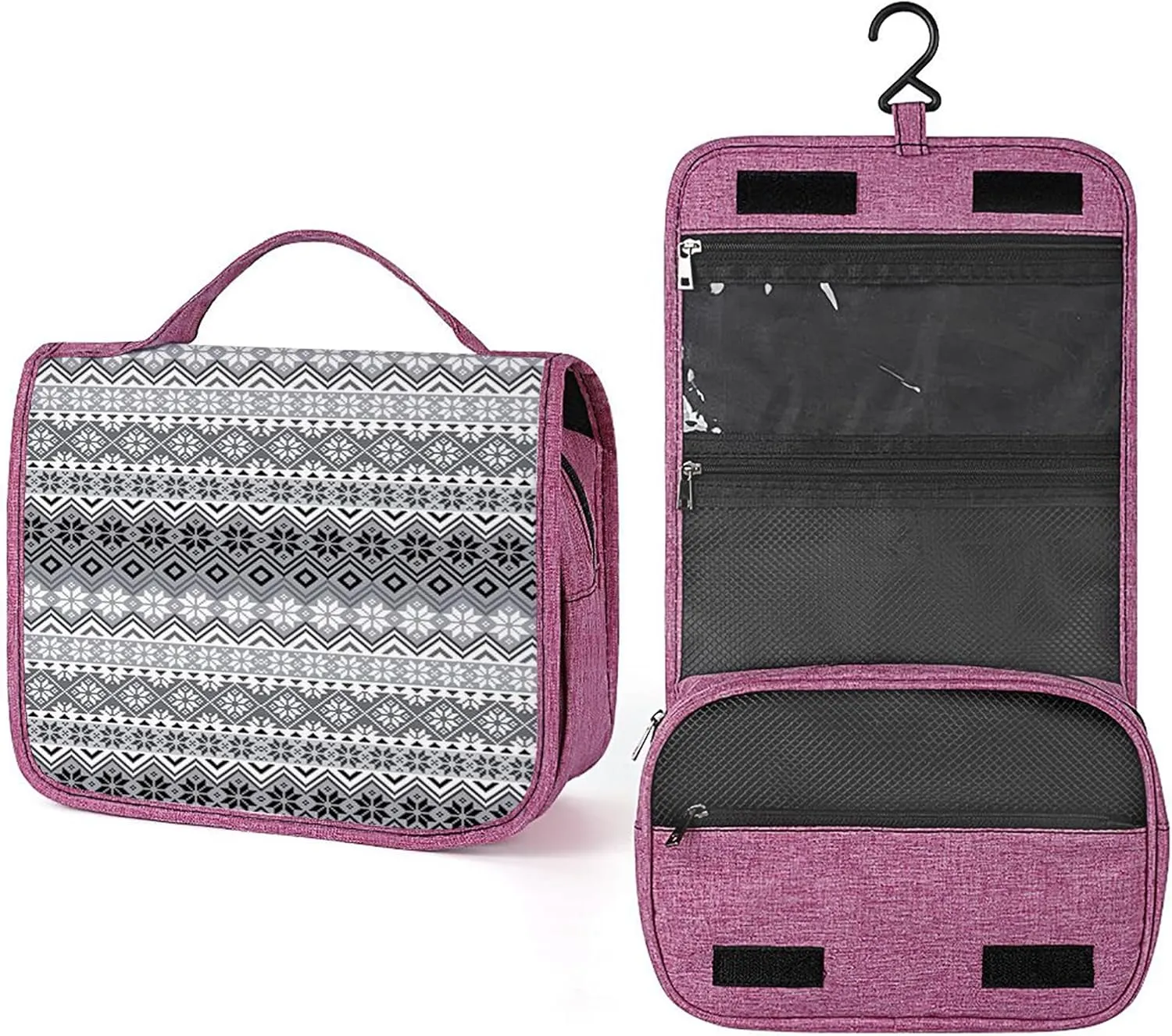 Snowflake,Toiletry Bag Hanging Travel Makeup Organizer,Nordic Snowflake Knit Patterns,Cosmetic Makeup Bag for Full Sized Toiletries,Gray White