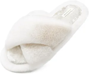 Snug Leaves Women's Fluffy Cross Band Open Toe Slippers with Indoor Outdoor Non Slip Sole