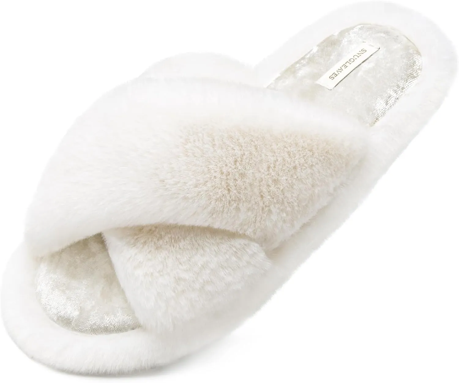Snug Leaves Women's Fluffy Cross Band Open Toe Slippers with Indoor Outdoor Non Slip Sole