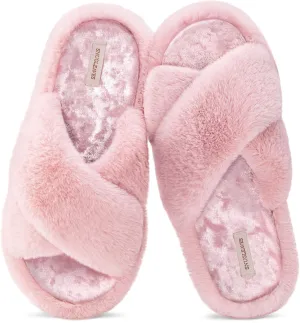 Snug Leaves Women's Fluffy Cross Band Open Toe Slippers with Indoor Outdoor Non Slip Sole