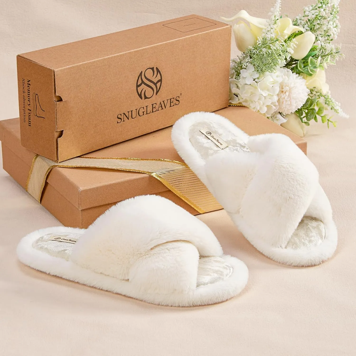 Snug Leaves Women's Fluffy Cross Band Open Toe Slippers with Indoor Outdoor Non Slip Sole