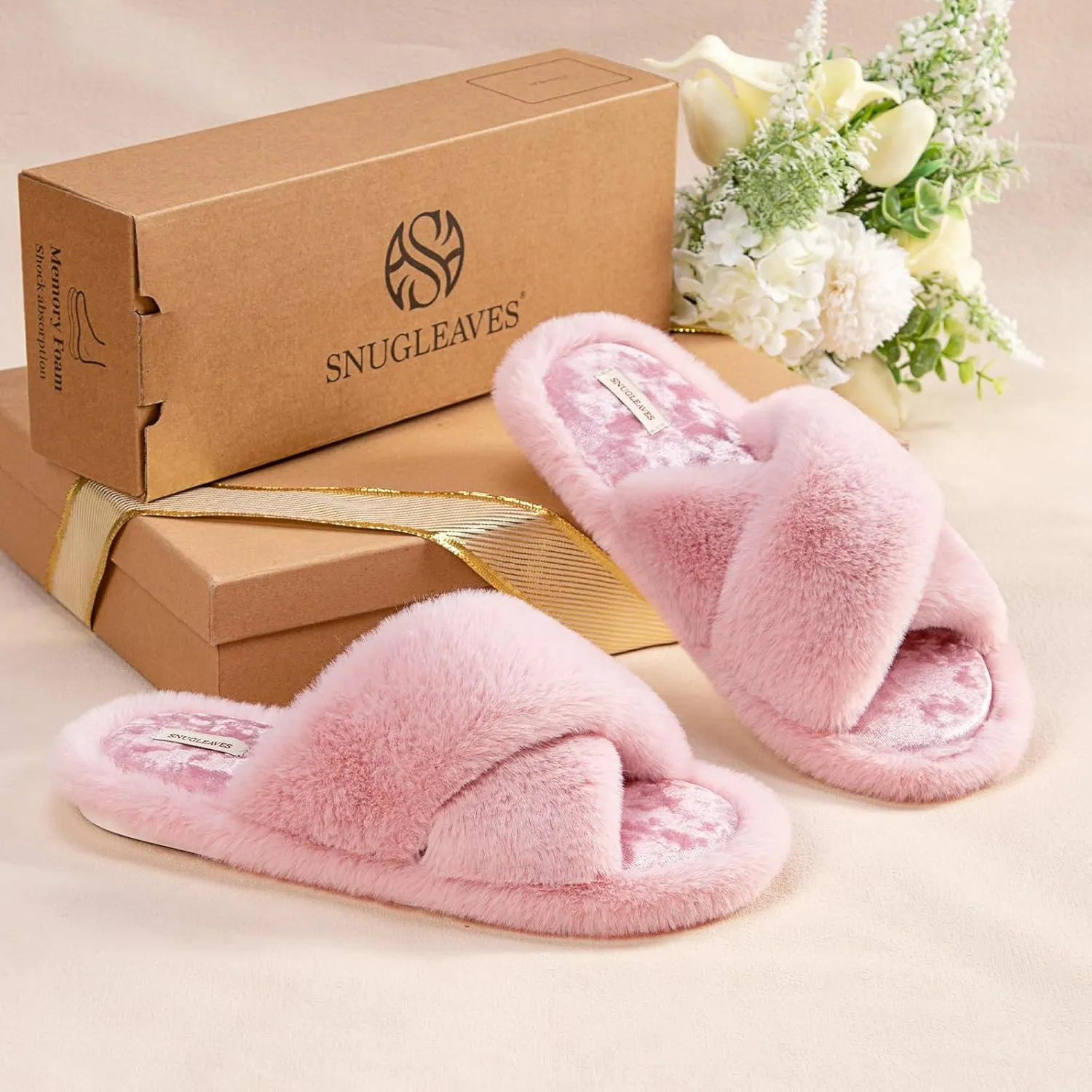 Snug Leaves Women's Fluffy Cross Band Open Toe Slippers with Indoor Outdoor Non Slip Sole