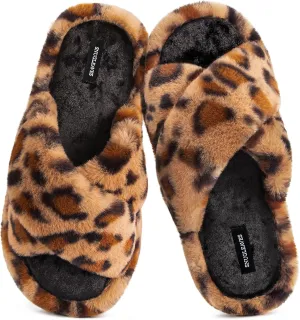 Snug Leaves Women's Fluffy Cross Band Open Toe Slippers with Indoor Outdoor Non Slip Sole