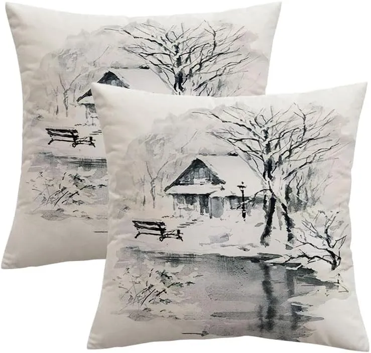 Soft Velvet Pillow Covers 16x16 Inch Blue Alpine Beautiful Winter Black White Fairy Landscape Cute Air Parks Alps Beauty Cabin Chalet Decorative Sqaure Throw Pillow Covers for Couch, Bed - Set of 2