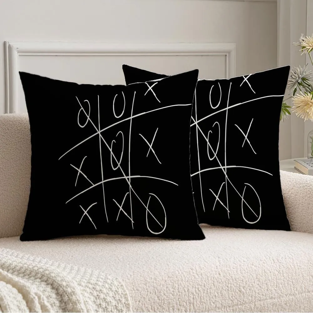 Soft Velvet Pillow Covers 20x20 Inch Black White Fashion Tic Tac Simple Toe Win Miscellaneous Children Circle Cross Kids Education Play Decorative Sqaure Throw Pillow Covers for Couch, Bed - Set of 2