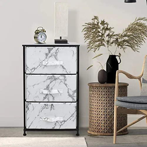 Sorbus Nightstand with 3 Drawers - Bedside Furniture & Night Stand End Table Dresser for Home, Bedroom Accessories, Office, College Dorm, Steel Frame, Wood Top (Marble White – Black Frame)