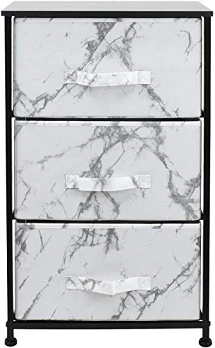 Sorbus Nightstand with 3 Drawers - Bedside Furniture & Night Stand End Table Dresser for Home, Bedroom Accessories, Office, College Dorm, Steel Frame, Wood Top (Marble White – Black Frame)