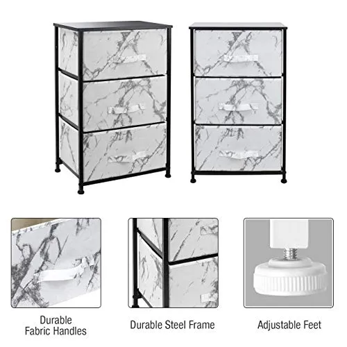 Sorbus Nightstand with 3 Drawers - Bedside Furniture & Night Stand End Table Dresser for Home, Bedroom Accessories, Office, College Dorm, Steel Frame, Wood Top (Marble White – Black Frame)